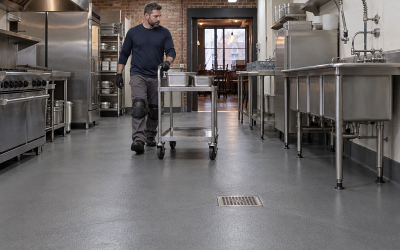 A stainless utility cart rolled across a new urethane cement kitchen floor with a coved base and floor drain in a Dubuque restaurant.