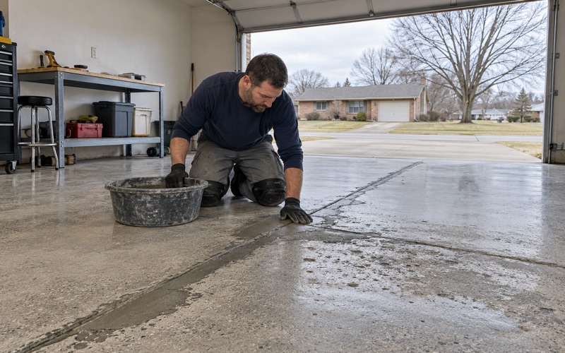 Salt-spalled joints and a pitted strip of a Dubuque garage slab patched flush with repair mortar, ready to grind before coating.