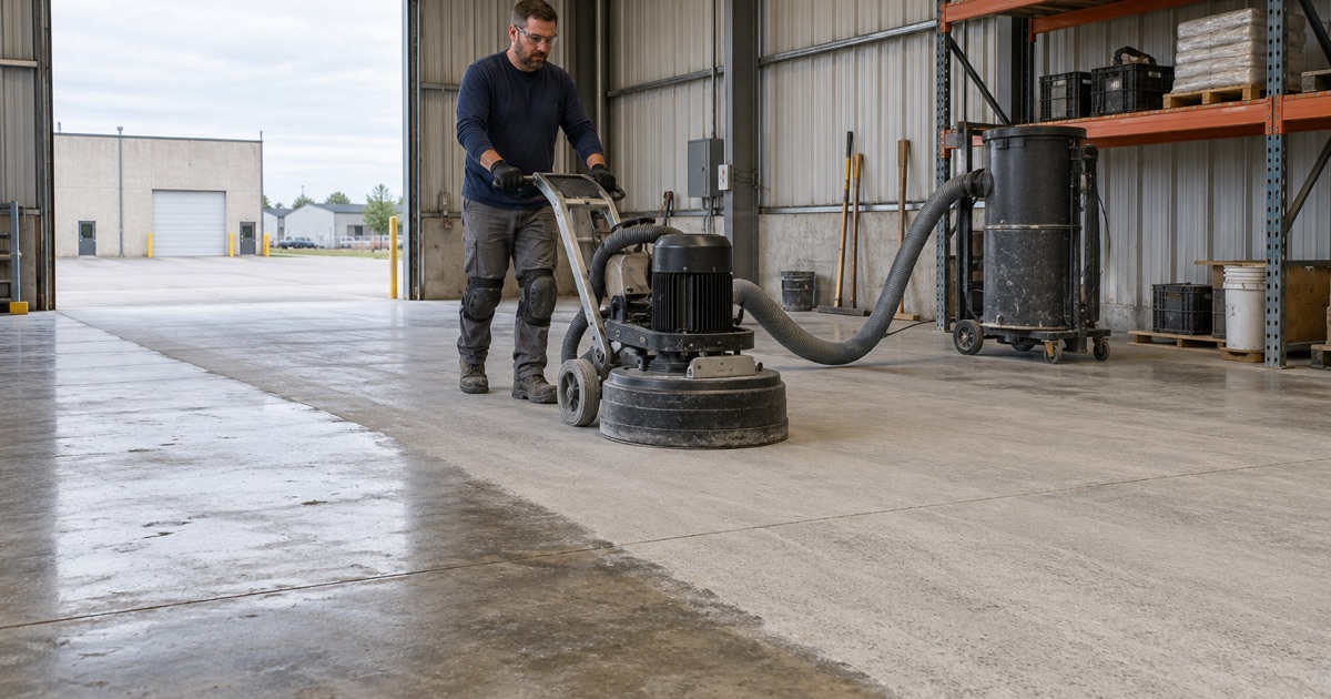 A walk-behind planetary grinder opening up a sealed shop slab in a Dubuque industrial park, the ground lane beside the old surface.