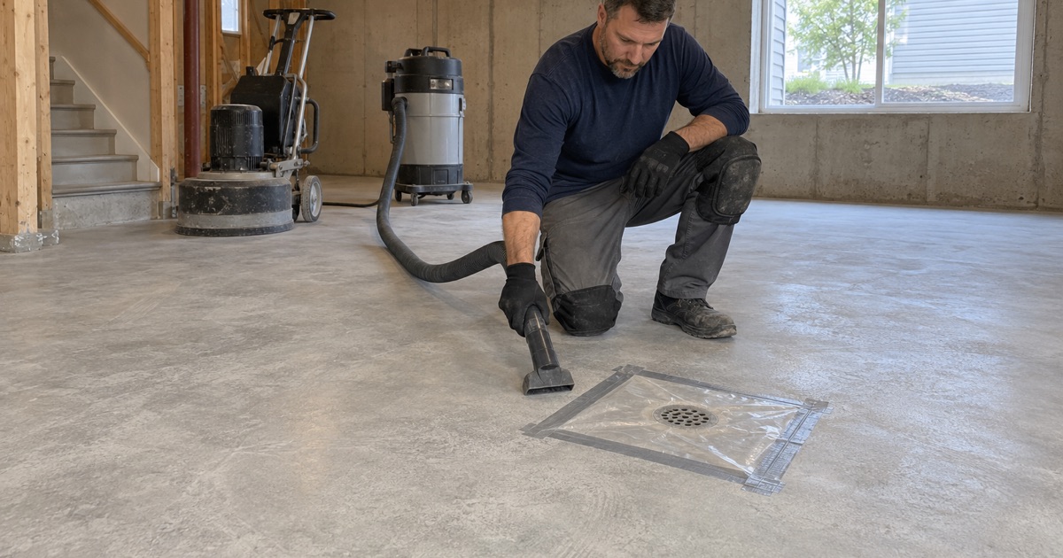 Grinding dust vacuumed off a newer Asbury basement floor, the floor drain sealed under plastic so nothing from the prep goes down it.