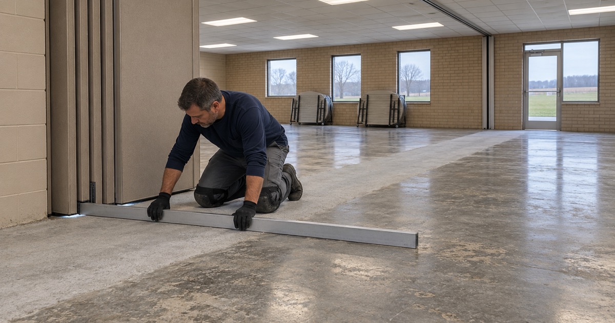 A long straightedge laid along the operable-wall track line of a Dyersville parish hall floor to check flatness before it is coated.