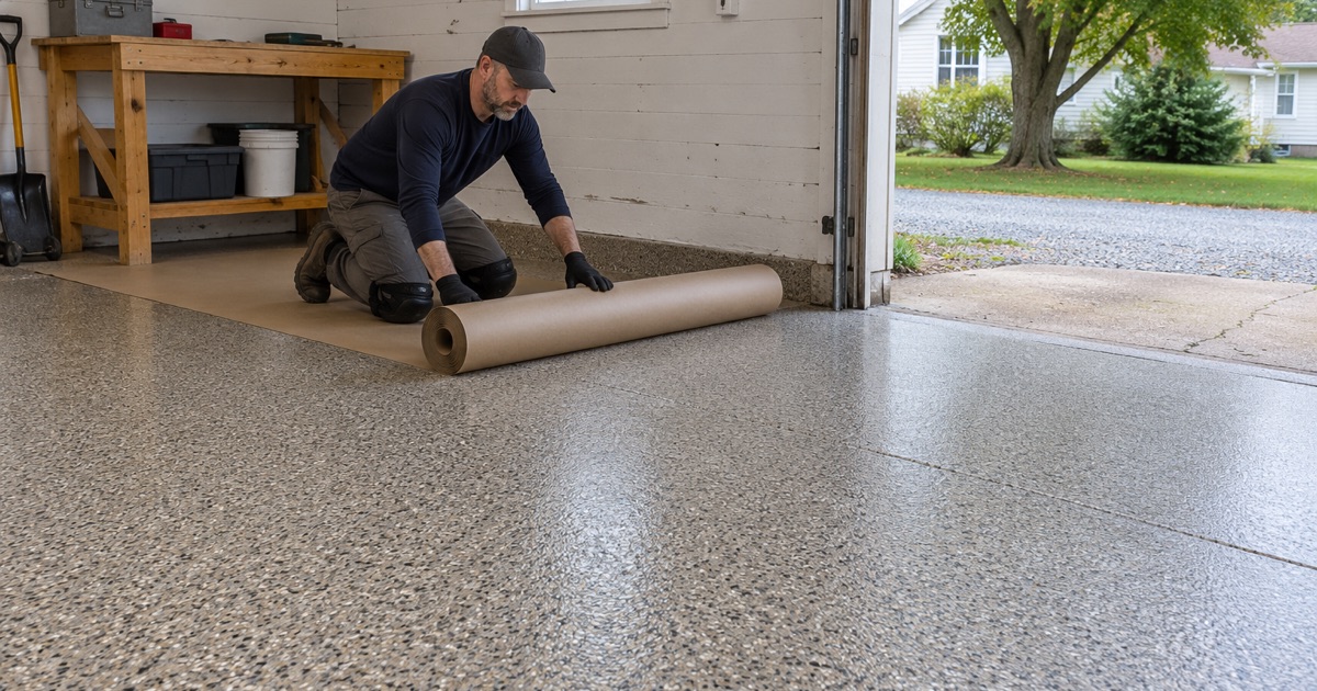 Floor protection paper rolled out over a finished flake floor in the detached garage of an older Lancaster house before the owner moves back in.