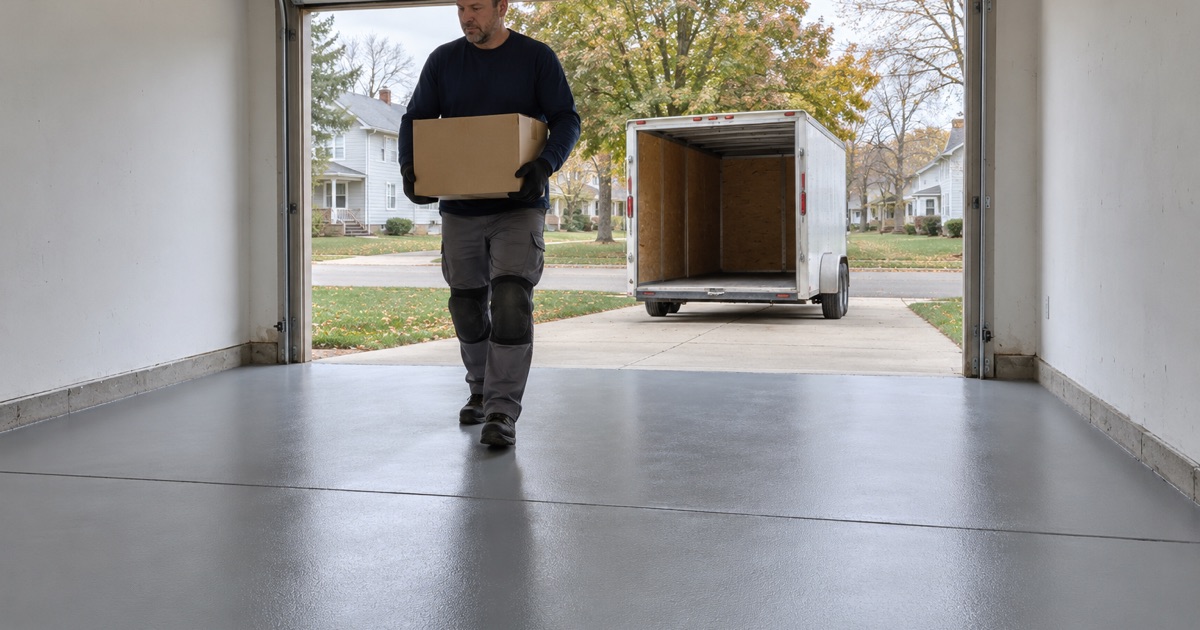 The leftover coating carton carried out of a freshly recoated rental duplex garage in Platteville so no product stays behind.