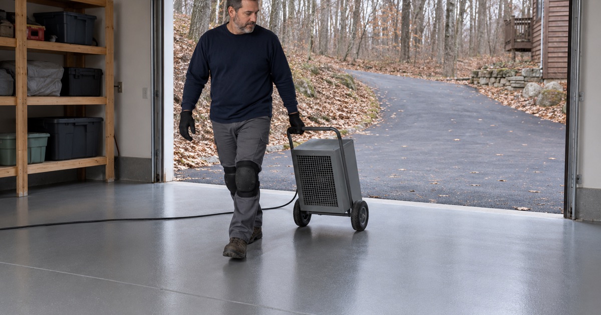 A portable heater wheeled into the lower-level garage of a shut-down second home in The Galena Territory to hold the slab at cure temperature.
