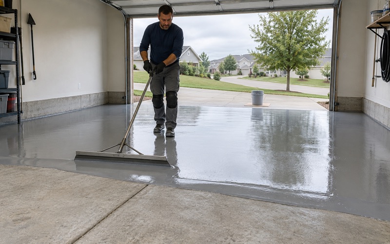 A gray epoxy base coat being spread across the ground slab of a two-car garage in a newer Dubuque subdivision.