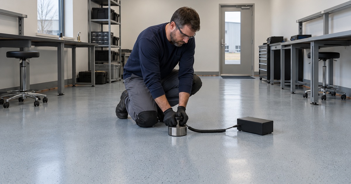 A resistance test electrode resting on a new static-dissipative floor in a Dubuque electronics workroom, the grounding strip at the wall.