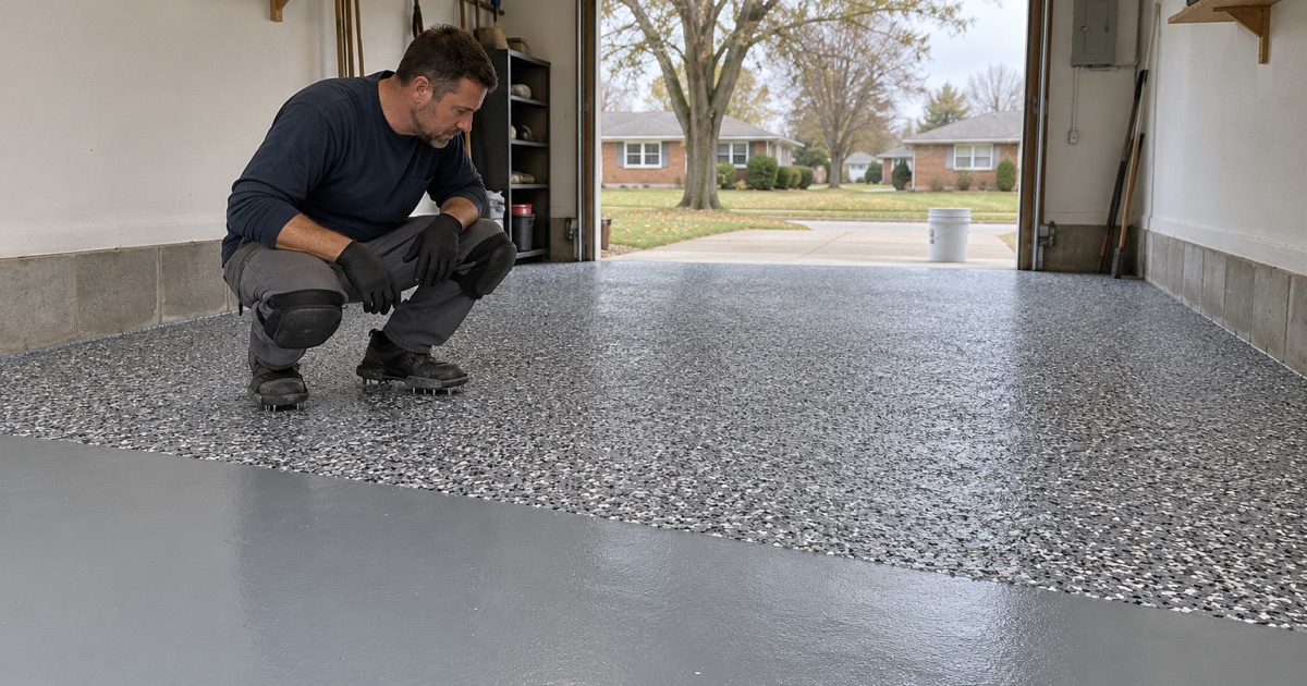 Dense gray and black flake settled on the base coat in a Dubuque ranch house garage, the worker checking coverage at the working edge.