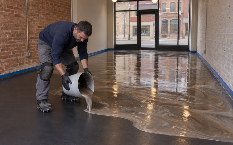 Pearl and bronze metallic epoxy being poured onto a dark base coat in a small Dubuque main-street shop, the pigment swirling as it spreads.