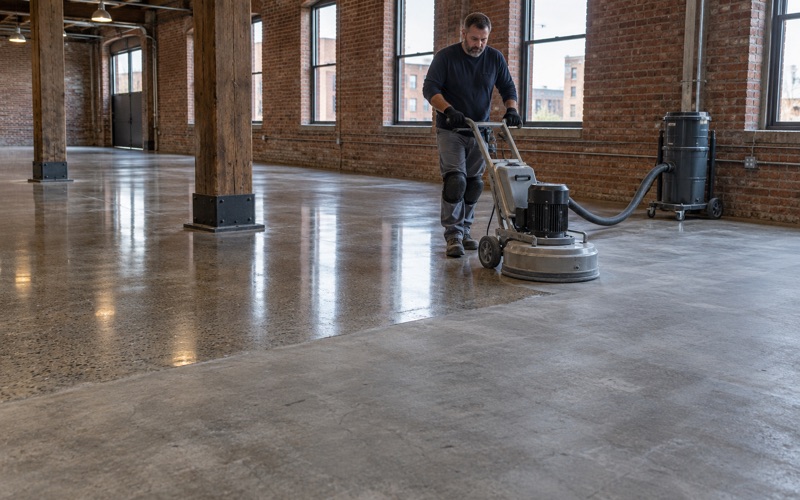 A planetary polisher bringing up the shine on an old concrete floor in a converted Dubuque brick warehouse, the finished half reflecting the windows.